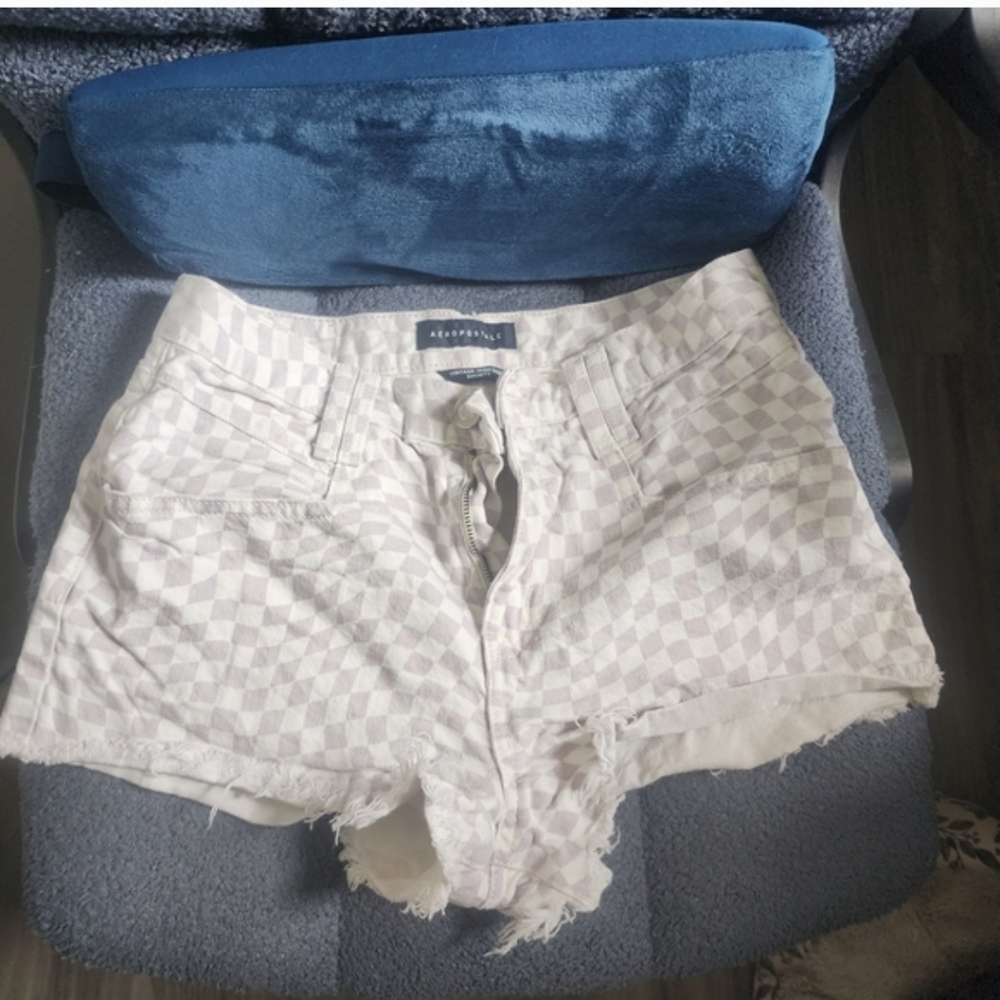 Aeropostale Light Lavender Checkered Distressed Denim Shorts